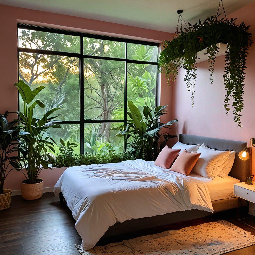 A serene bedroom oasis featuring a luxurious water mattress with soft, flowing sheets. Surrounding the bed are lush plants and ambient lighting that creates a tranquil atmosphere. Soft textures and calming colors dominate the space, evoking relaxation. A window shows a dreamy sunset outside, enhancing the soothing vibe of the room. dreamy aesthetic. soft pastels. warm lighting.