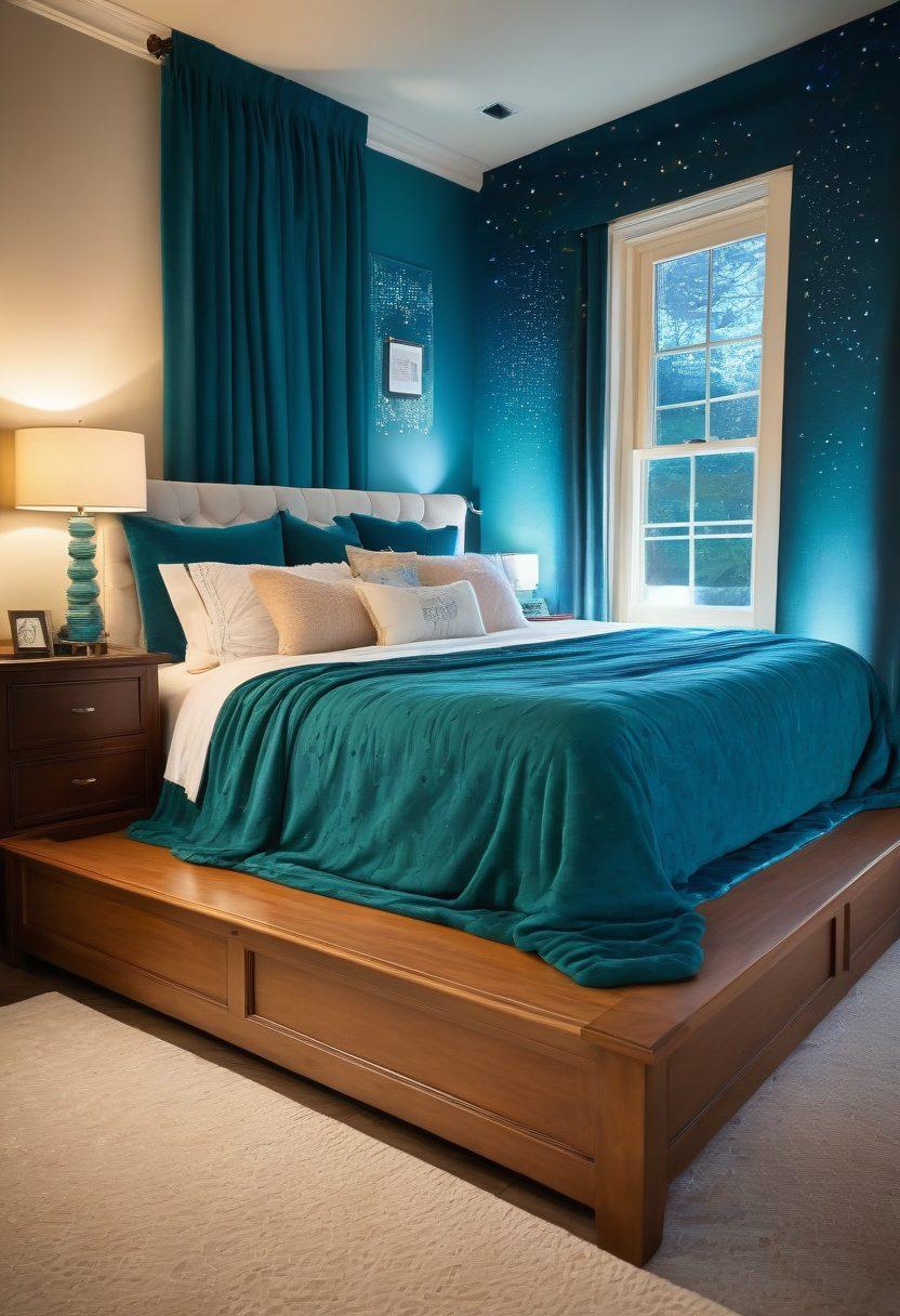 A serene bedroom scene featuring a luxurious, customizable waterbed with soft, flowing water ripples that reflect calming blue and teal colors. Surround the bed with plush pillows, a cozy blanket, and a nightstand with a soothing lamp emitting a warm glow. Include a large window showing a peaceful night sky filled with stars, embodying tranquility and relaxation. Emphasize comfort and support in the bed’s design. super-realistic. vibrant colors. cozy atmosphere.