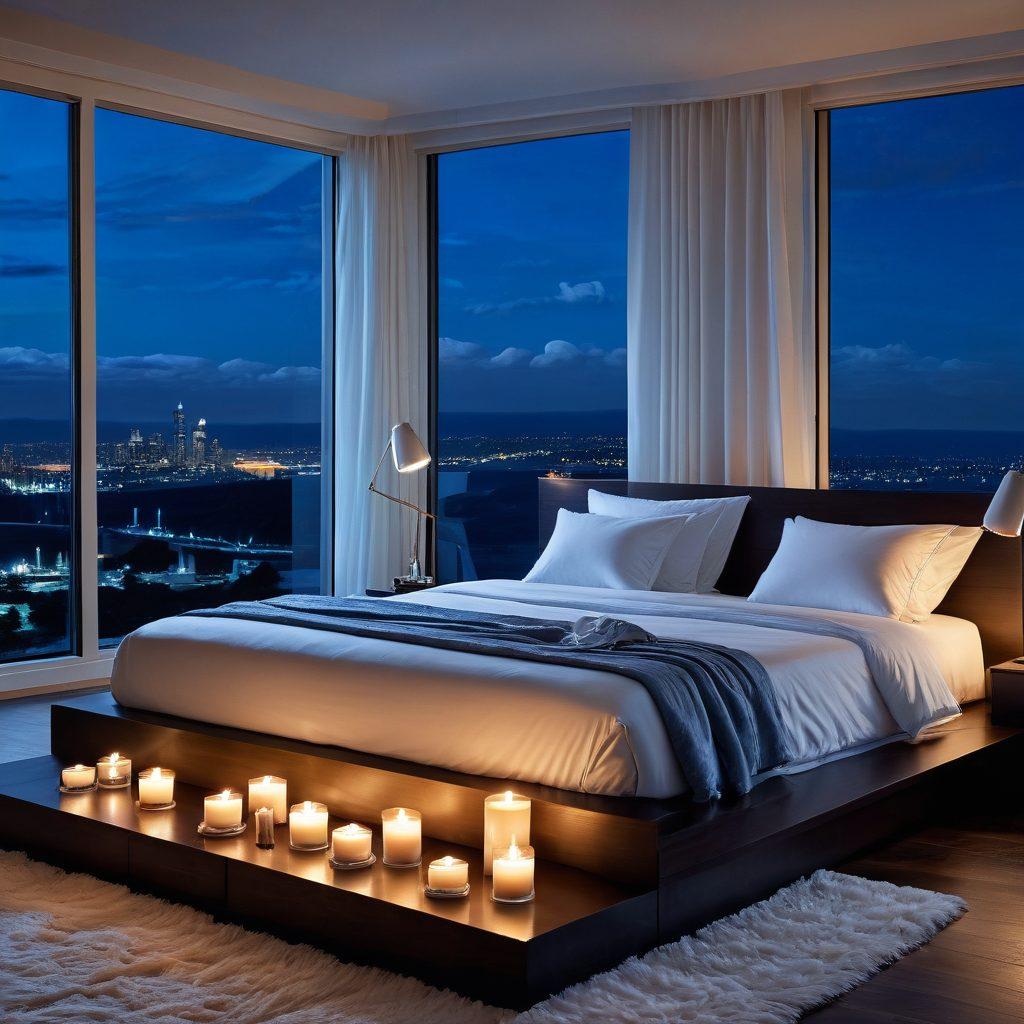 A serene bedroom featuring a luxurious waterbed with plush bedding and elegant accessories, soft blue and white hues creating a tranquil atmosphere. The room is softly lit with gentle lighting, showcasing a nightstand with relaxation candles and a book. In the background, large windows display a calming moonlit night scene. Emphasize comfort and elegance. super-realistic. soft colors. cozy atmosphere.